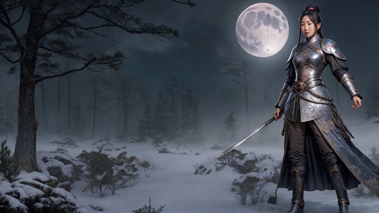 Fierce Warrior in Moonlit Icy Landscape with Armor