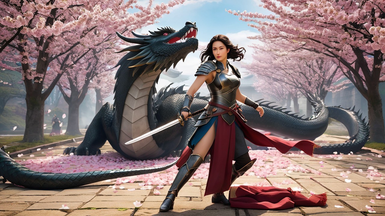 Warrior in Armor with Dragon and Cherry Blossoms