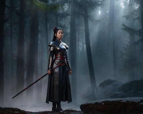 Warrior in Intricate Armor Stands in Misty Forest
