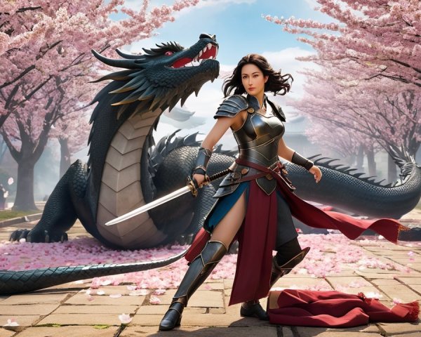 Warrior in Armor with Dragon and Cherry Blossoms
