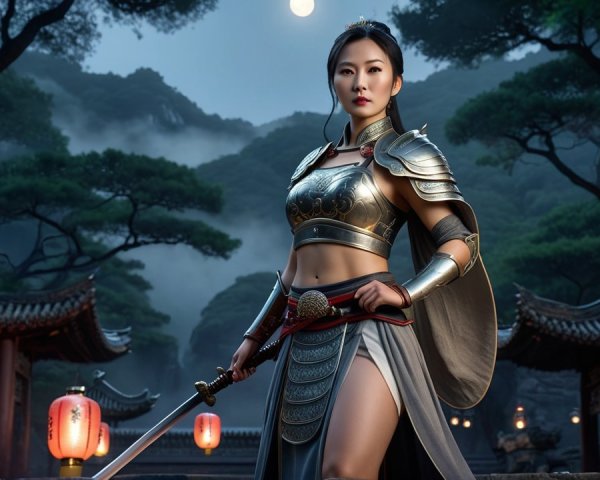 Warrior in Ornate Armor in Mystical Landscape