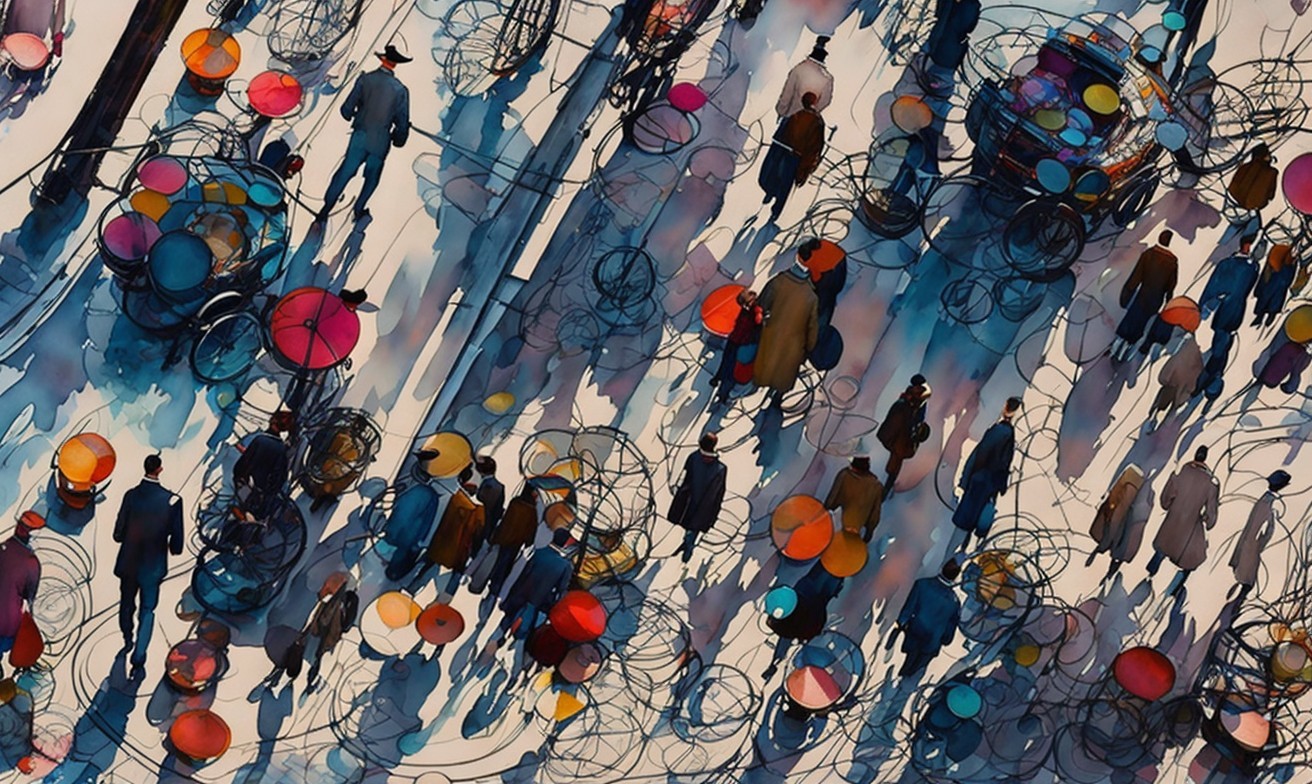 Vibrant Abstract Urban Scene with Colorful Silhouettes