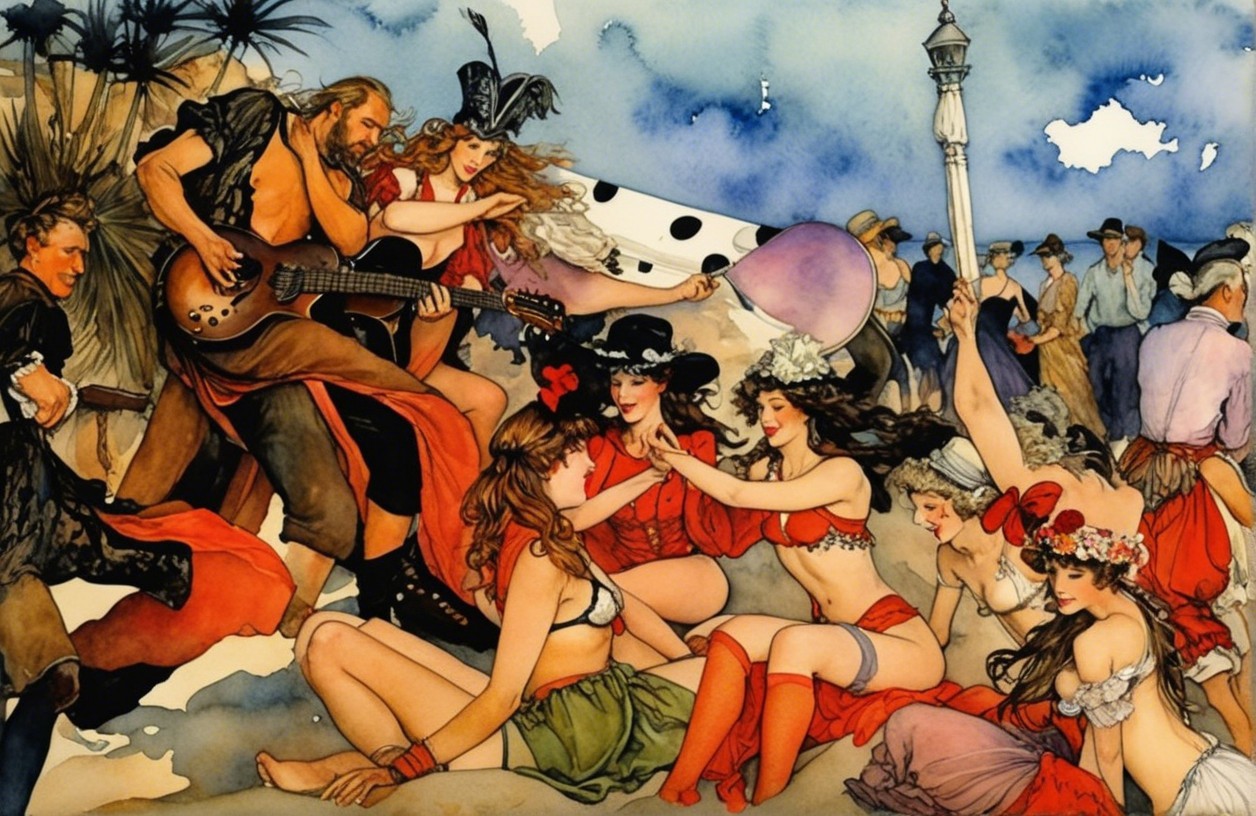 Vibrant Beach Party with Music and Dancing Characters