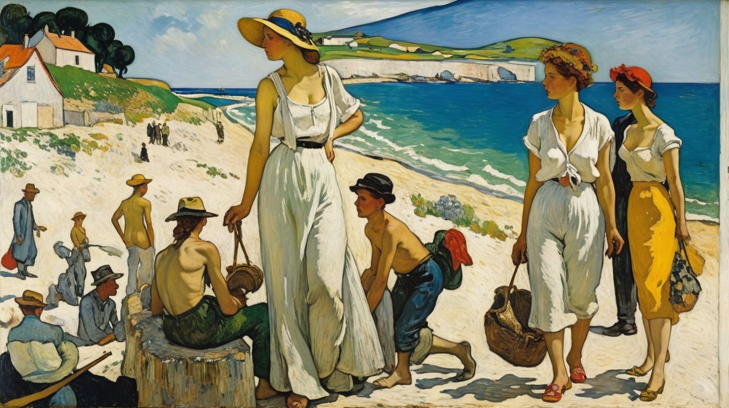 Beach Scene with People and White Buildings