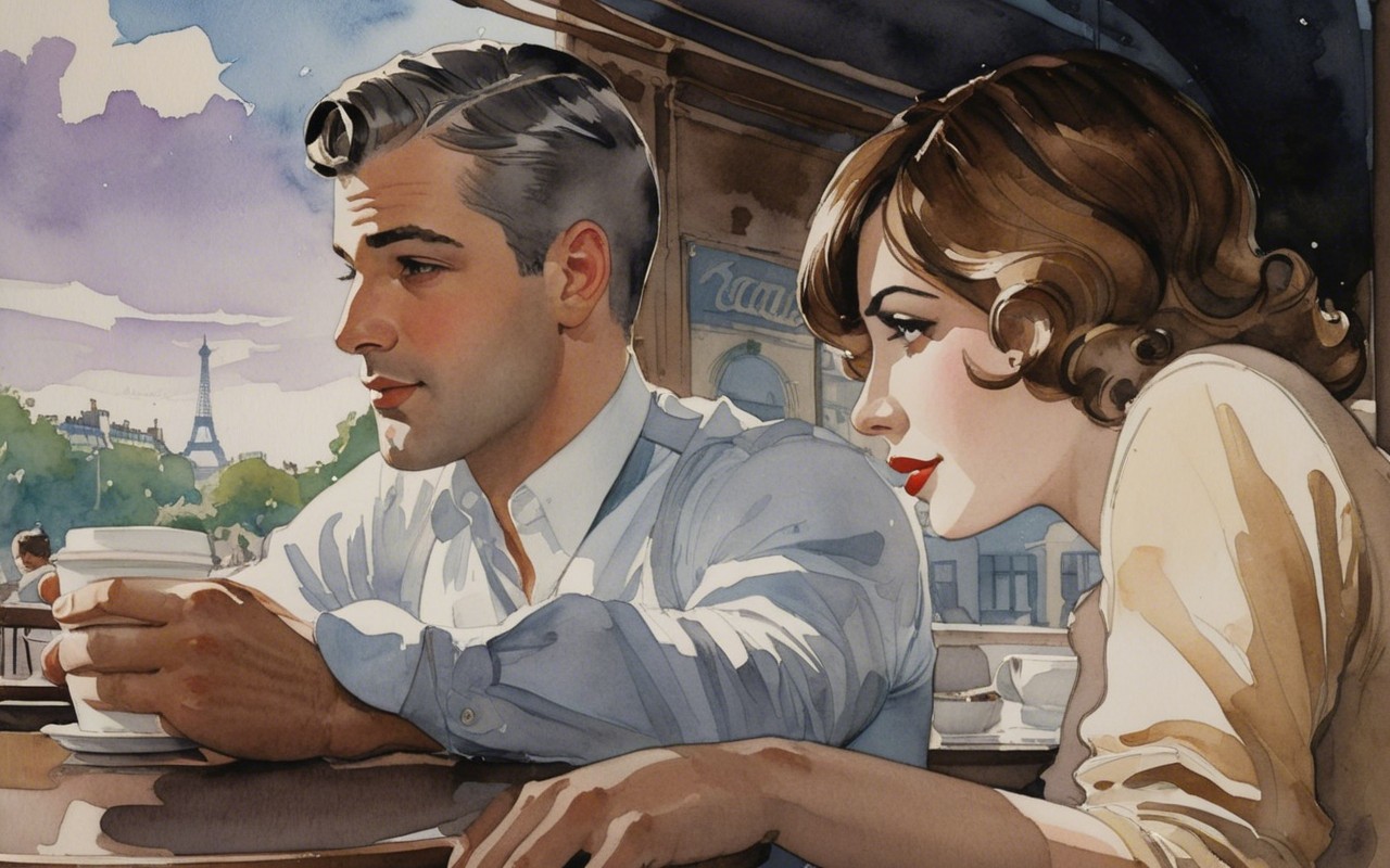 Stylish Couple at Café with Eiffel Tower View