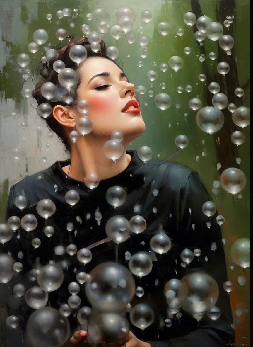 Elegant woman in serene bubble-filled environment