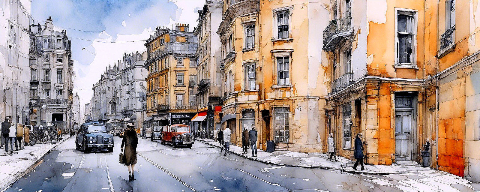 Vintage Street Scene with Elegant Architecture and Vehicles