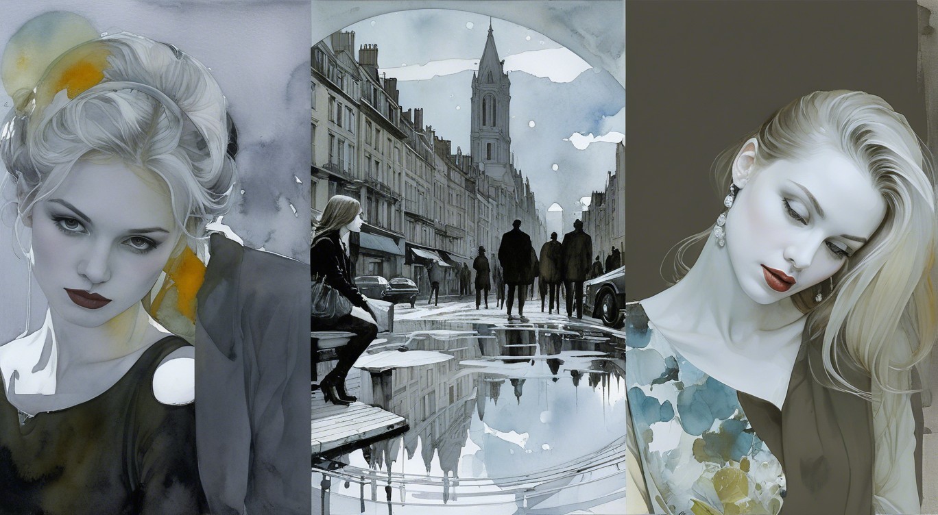 Triptych of Portraits and Cityscape with Elegance