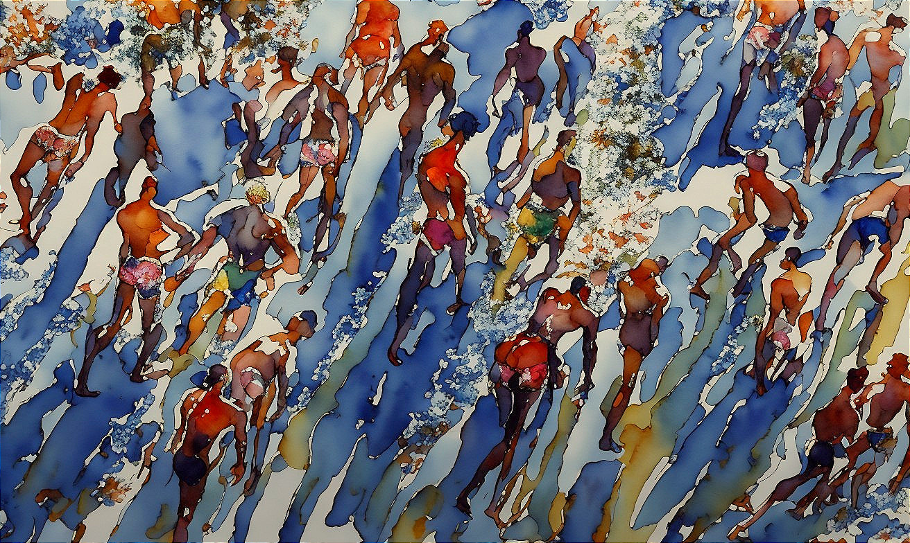 Abstract Figures in Motion Amidst Vibrant Waves