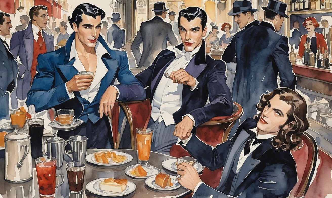 Elegant Men in Vintage Café with Upscale Atmosphere