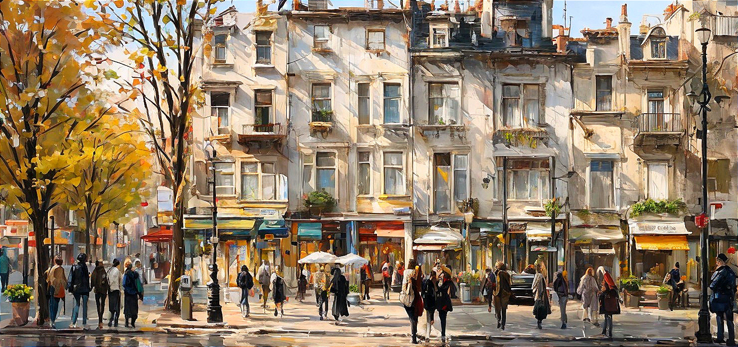 Vibrant Urban Street with Colorful Shopfronts and Trees