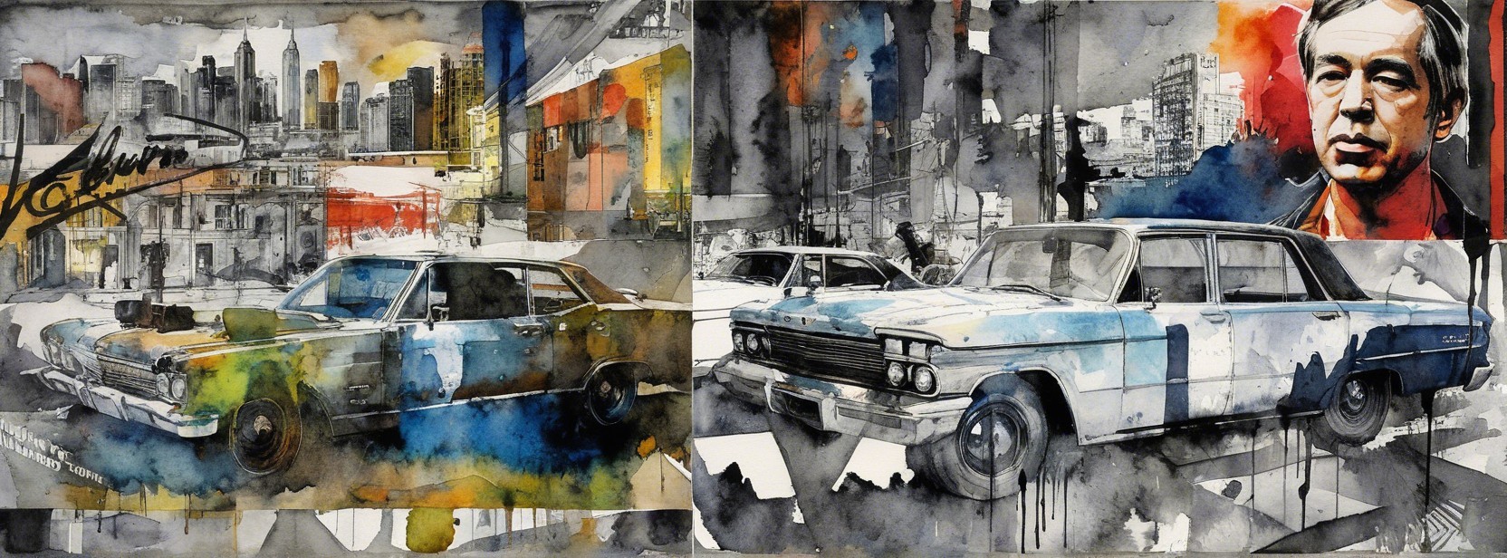 Dual-Panel Watercolor of Classic Cars in Urban Setting