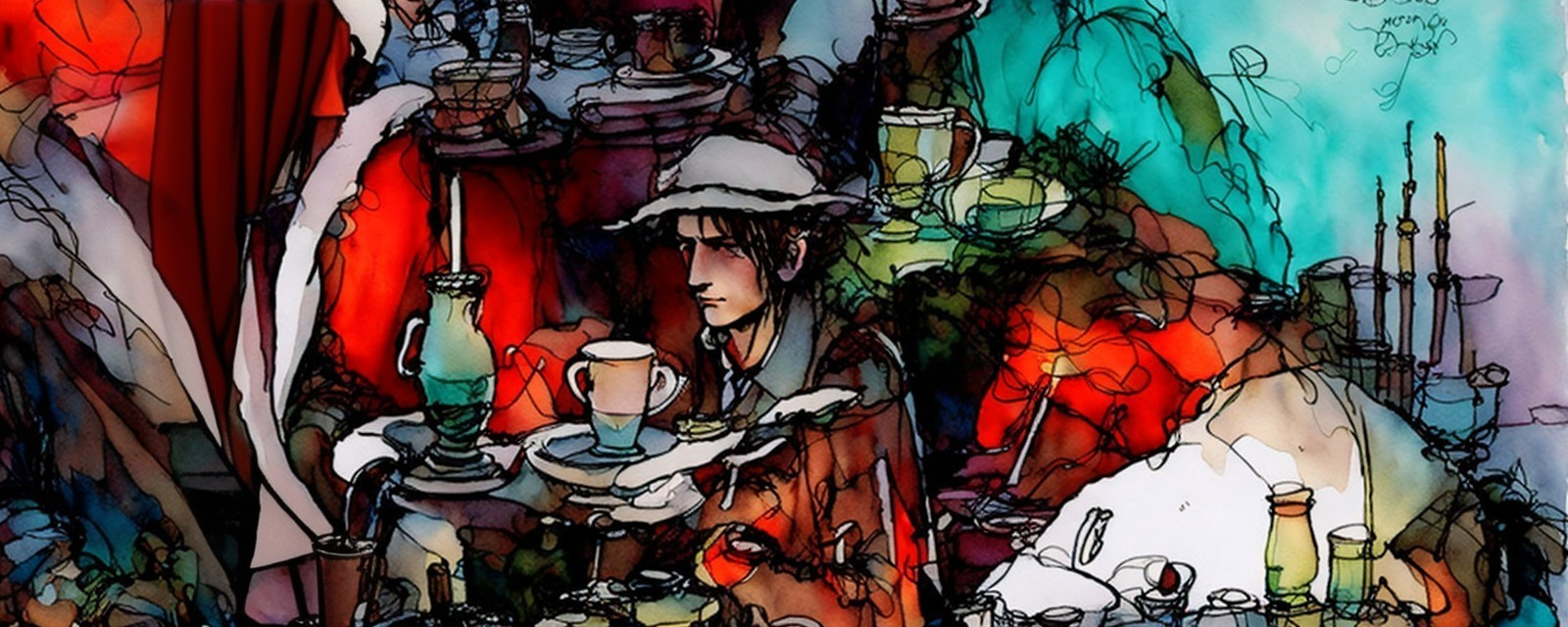Whimsical Colorful Scene with Intricate Linework