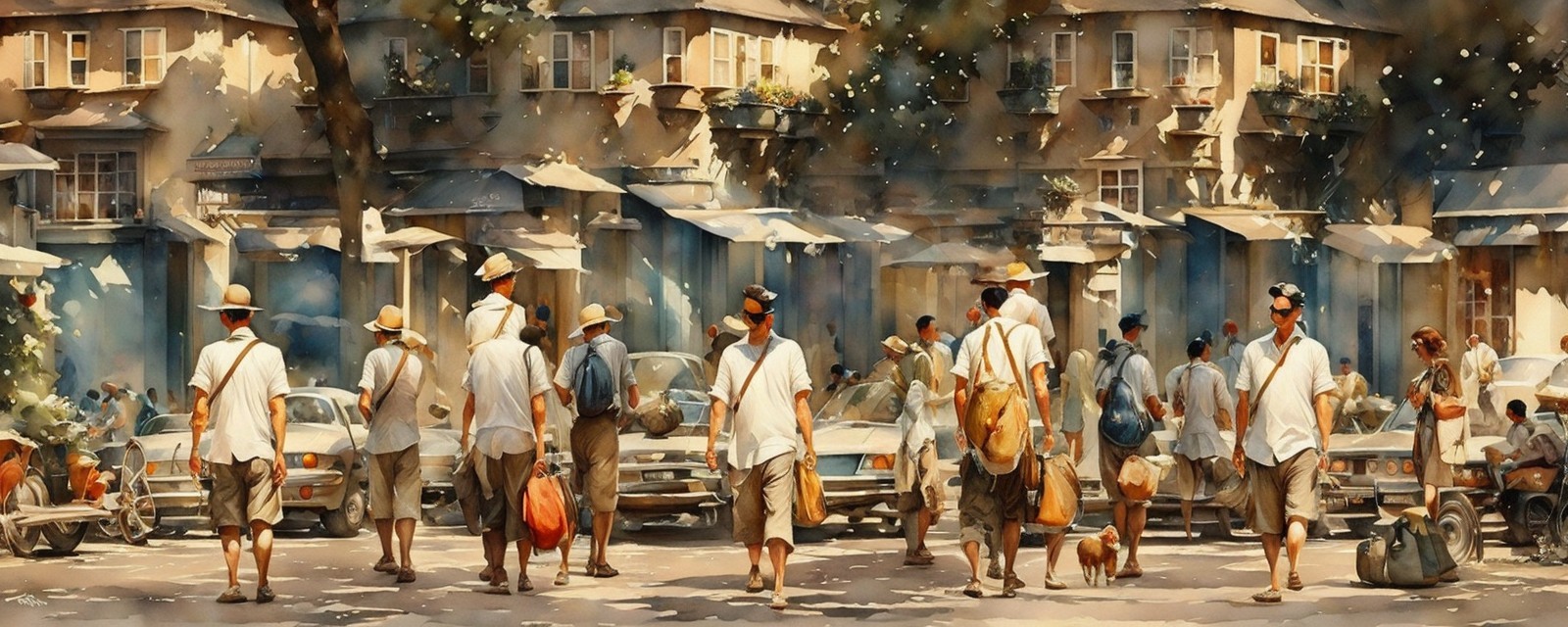 Vibrant Summer Street Scene with People and Vintage Cars