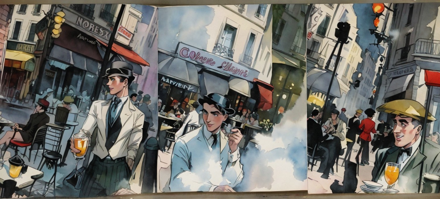Vibrant Parisian Café Scene in Comic Art Style