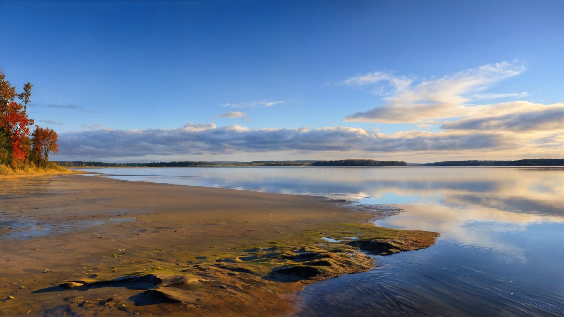 Serene Landscape with Calm Lake and Autumn Foliage