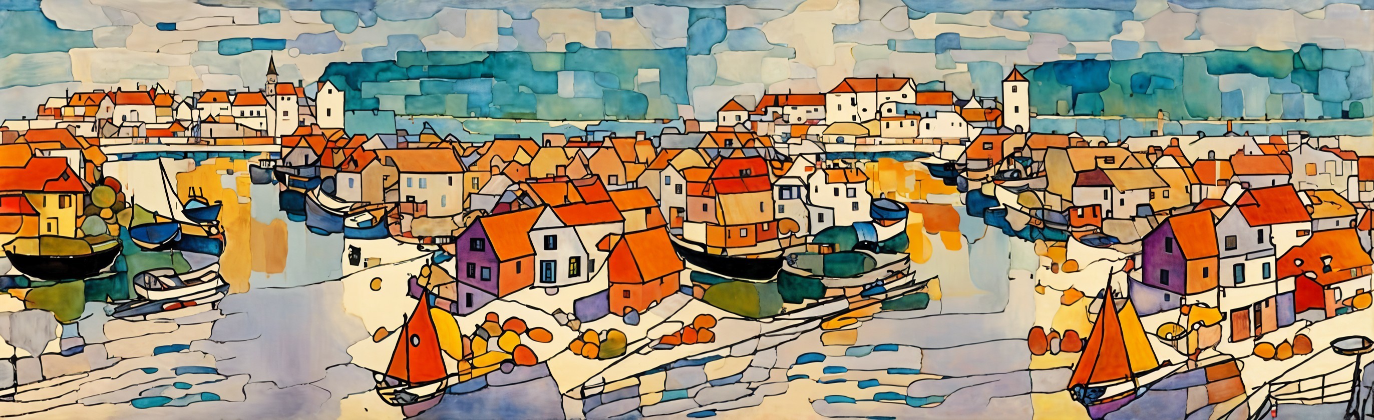 Vibrant Coastal Village with Colorful Houses and Boats