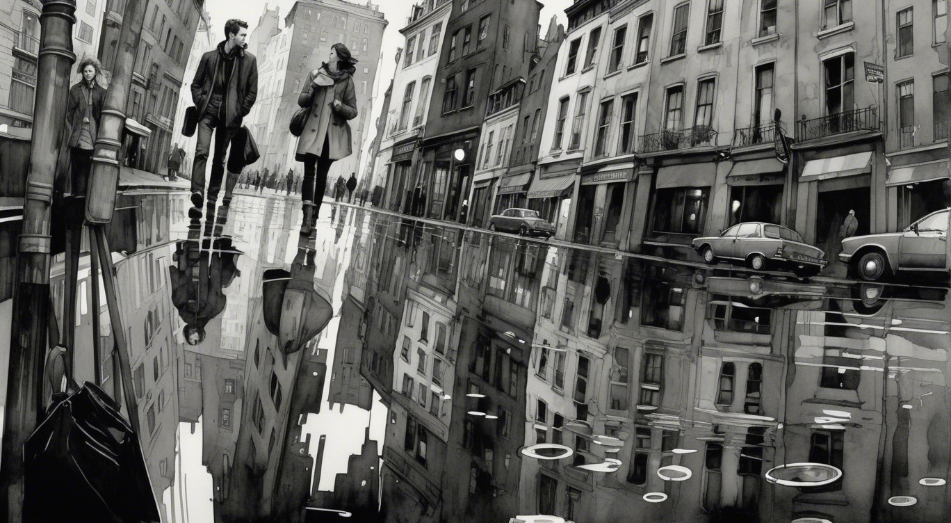 Monochromatic Urban Scene with Figures on Rainy Street