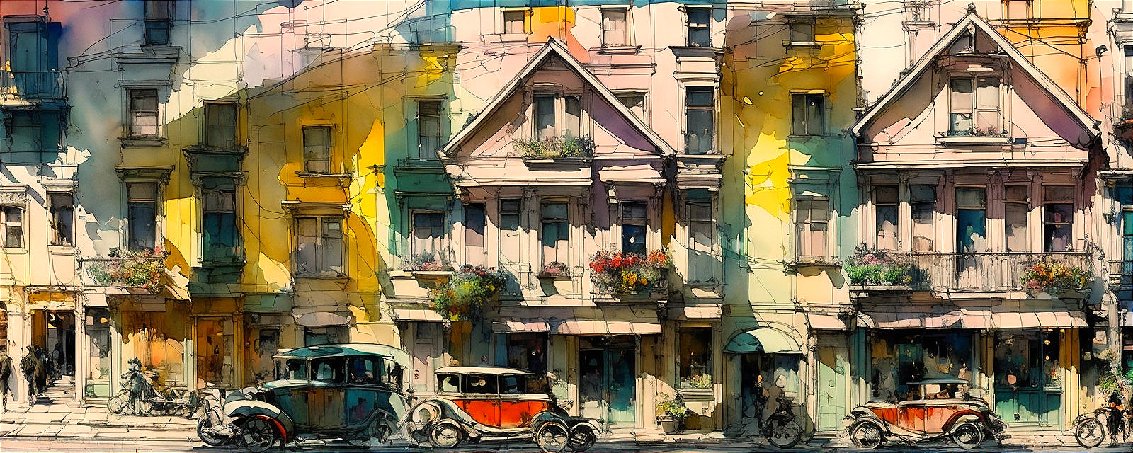 Vibrant street scene with pastel buildings and vintage cars