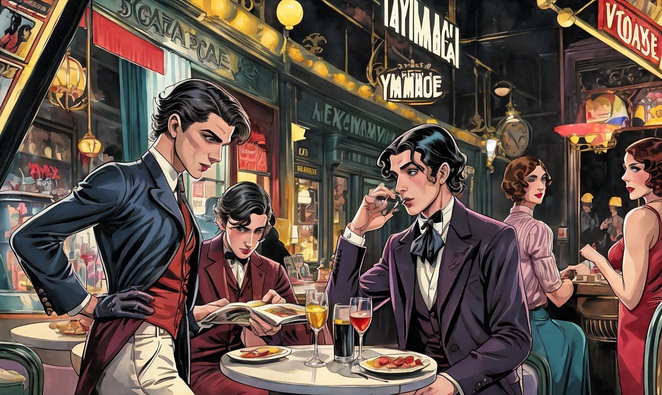 Vintage Café Scene with Elegant Men and Lively Atmosphere