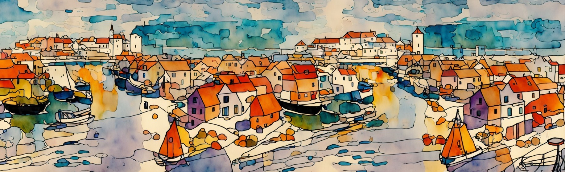Vibrant Abstract Landscape of a Colorful Seaside Town