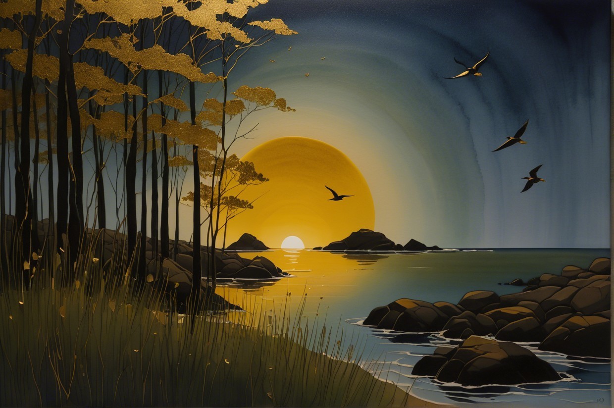 Serene Sunset Over Tranquil Sea with Silhouetted Trees
