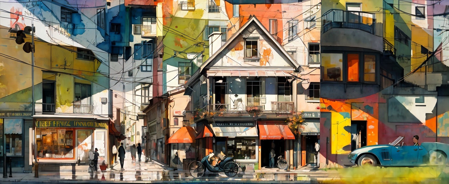 Vibrant Urban Scene with Colorful Murals and Café