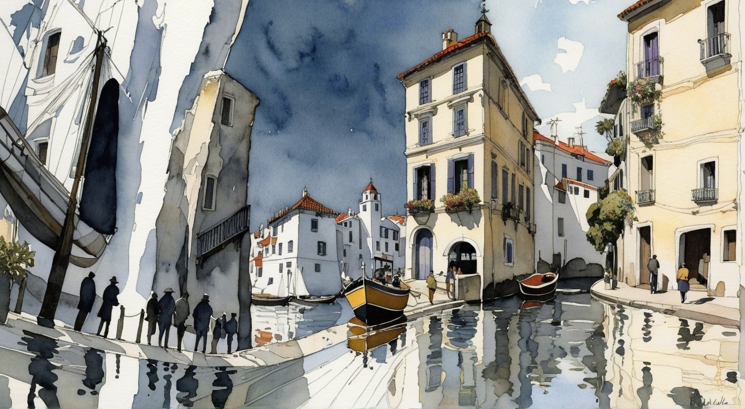 Watercolor Painting of Canal Town with Boats and People