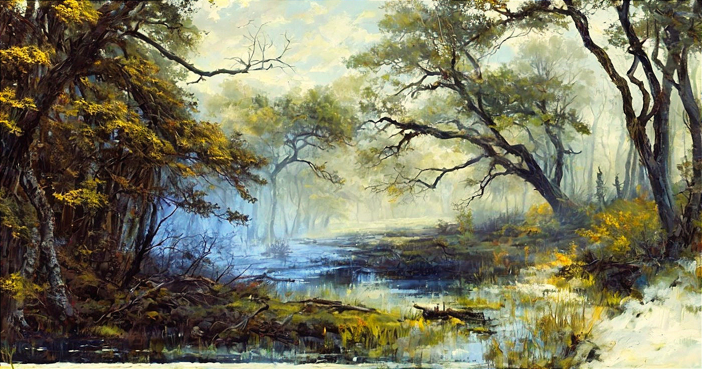 Misty Landscape with Serene Waterway and Lush Foliage