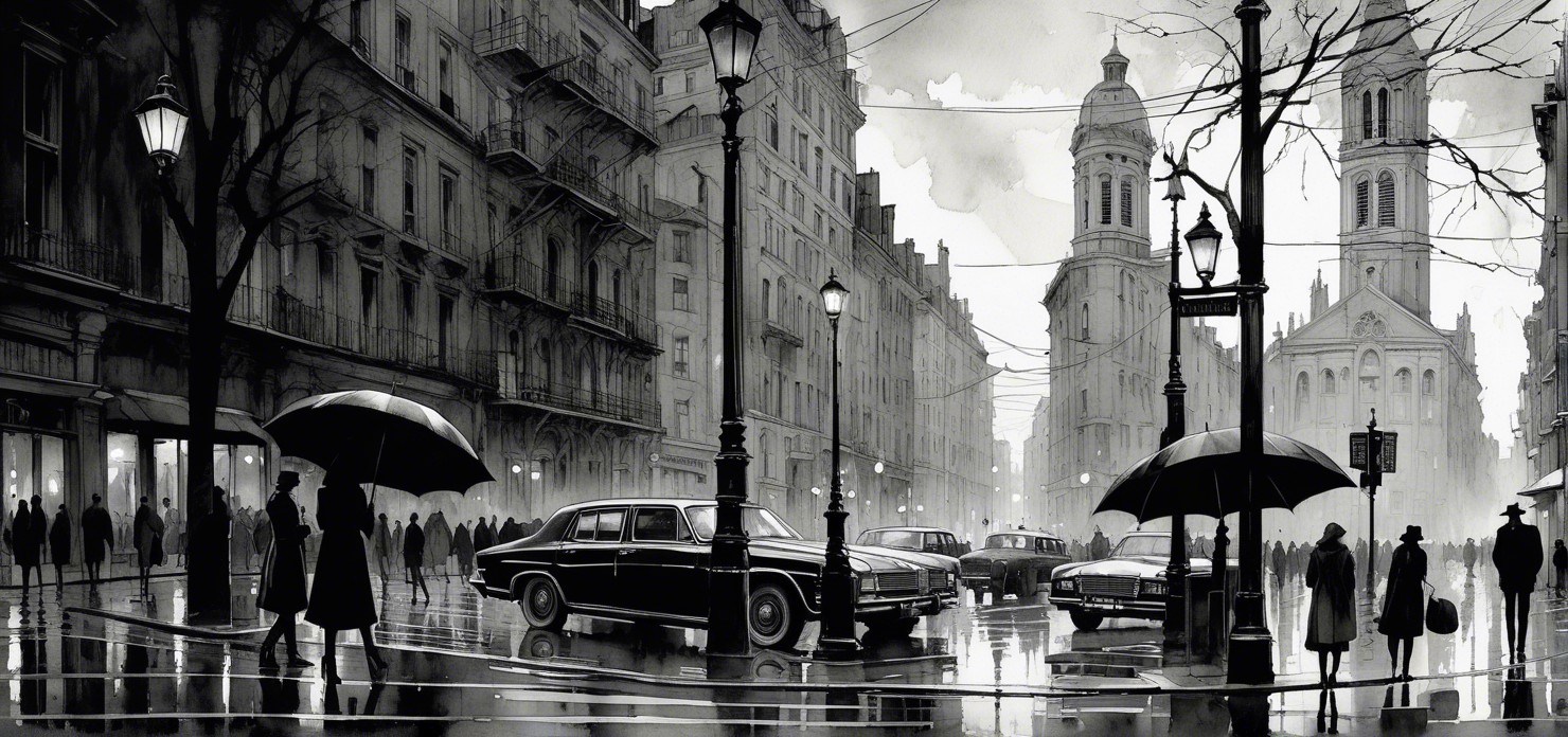 Monochromatic Cityscape with Vintage Cars and Umbrellas