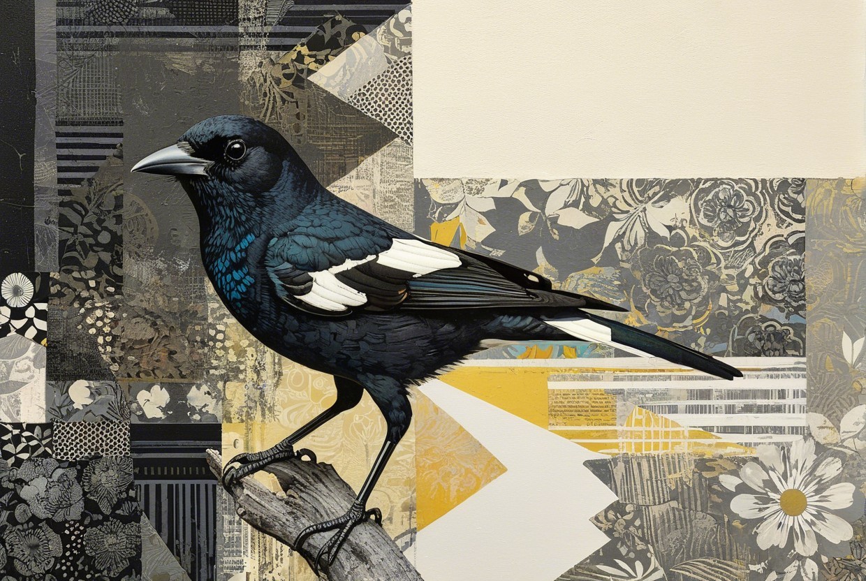Stylized Bird on Rustic Branch with Abstract Background