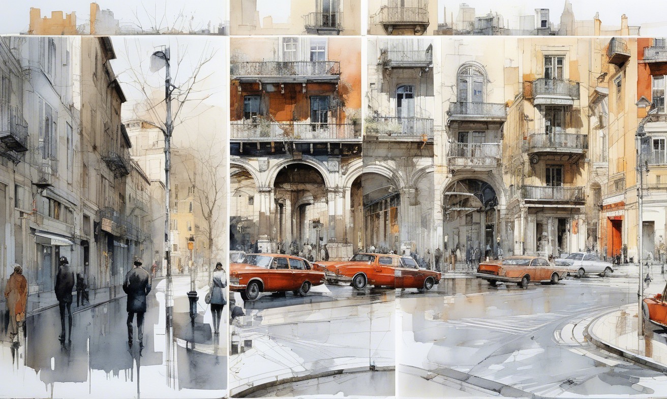 Urban Street Scene with Historic and Modern Architecture