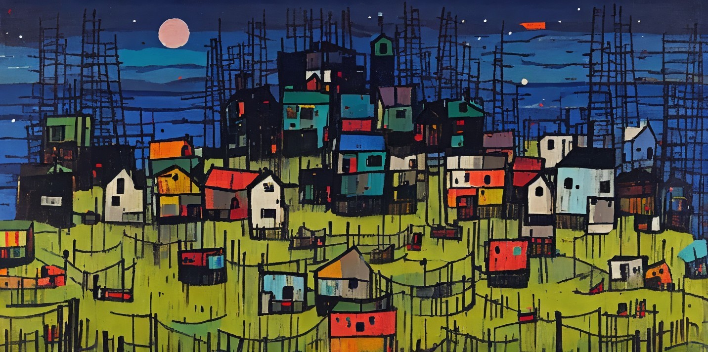 Whimsical Landscape with Colorful Houses and Moon