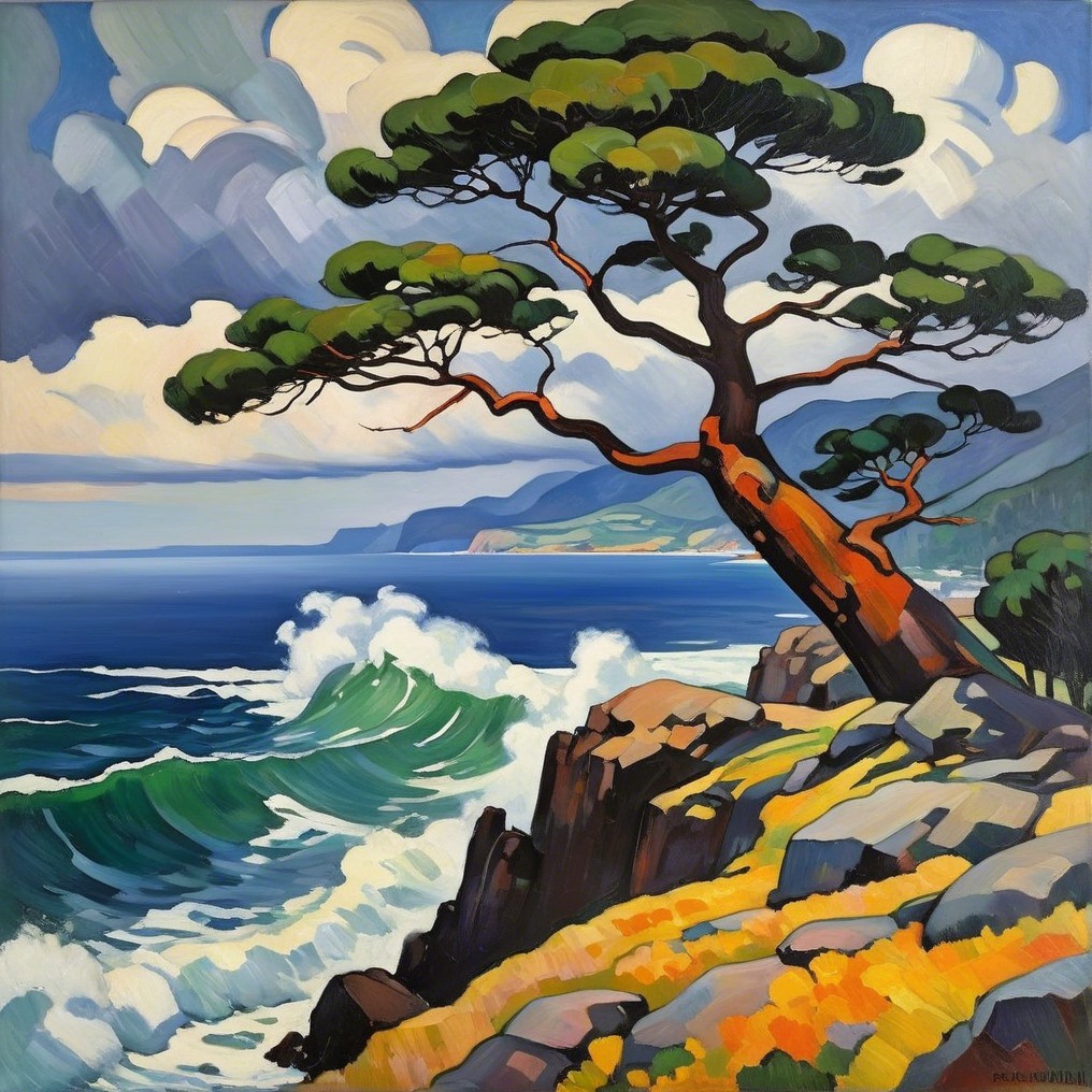 Vibrant Coastal Scene with Twisted Tree and Waves