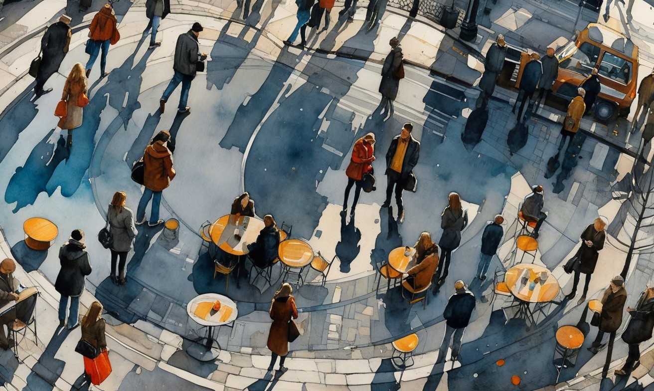 Urban Plaza Scene with Diverse People in Autumn Attire