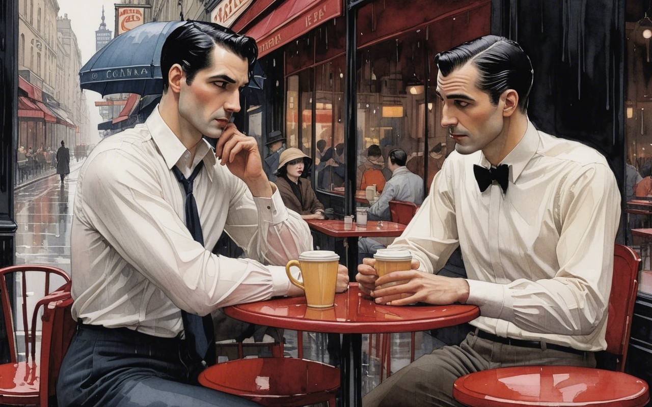 Sophisticated Café Conversation Amid Rainy Cityscape