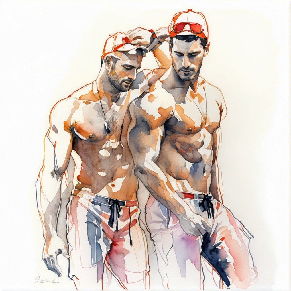 Vibrant Watercolor Illustration of Two Muscular Figures