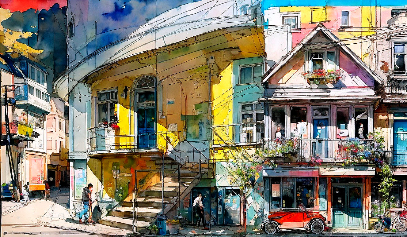 Vibrant Street Scene with Distinct Architectural Styles