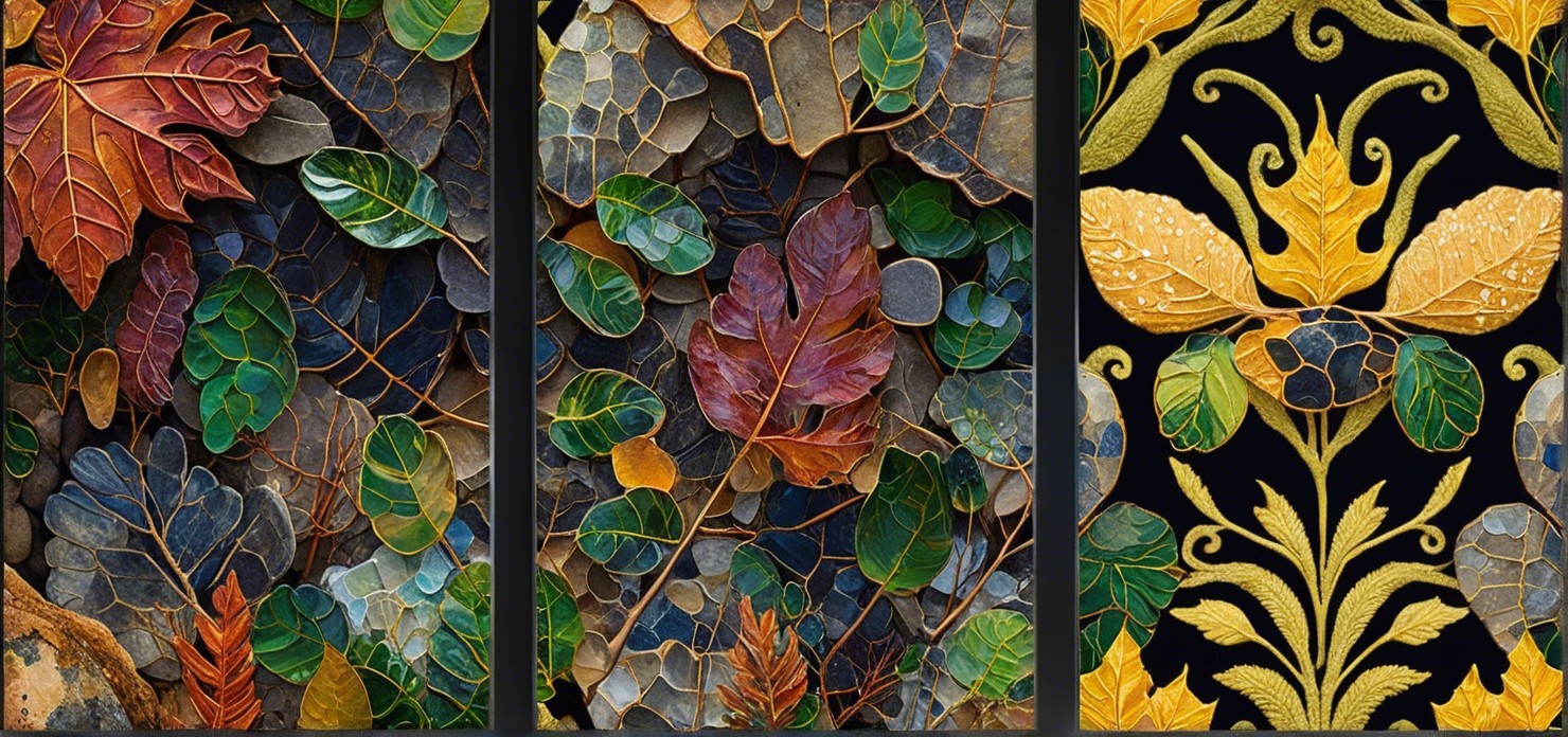 Vibrant Triptych of Leaves and Floral Motifs