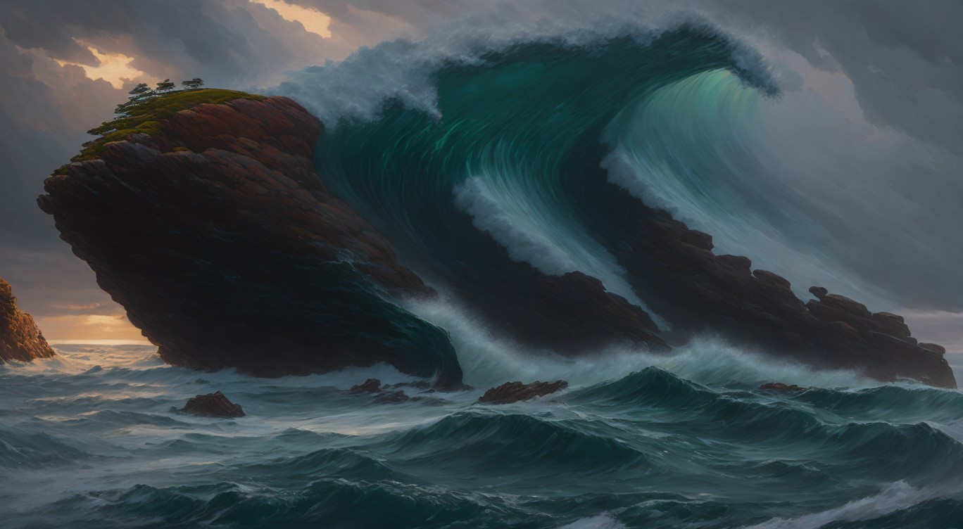 Dramatic Seascape with Towering Waves and Rugged Cliffs