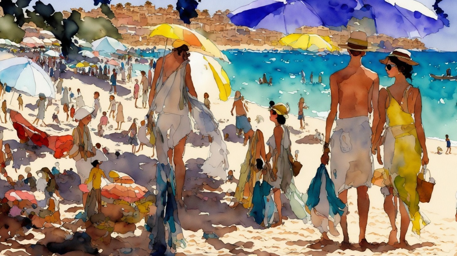 Watercolor Painting of a Bustling Beach Scene