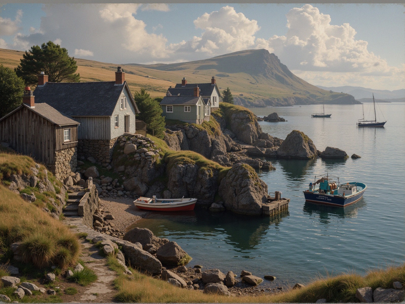Coastal Scene with Houses and Anchored Boats