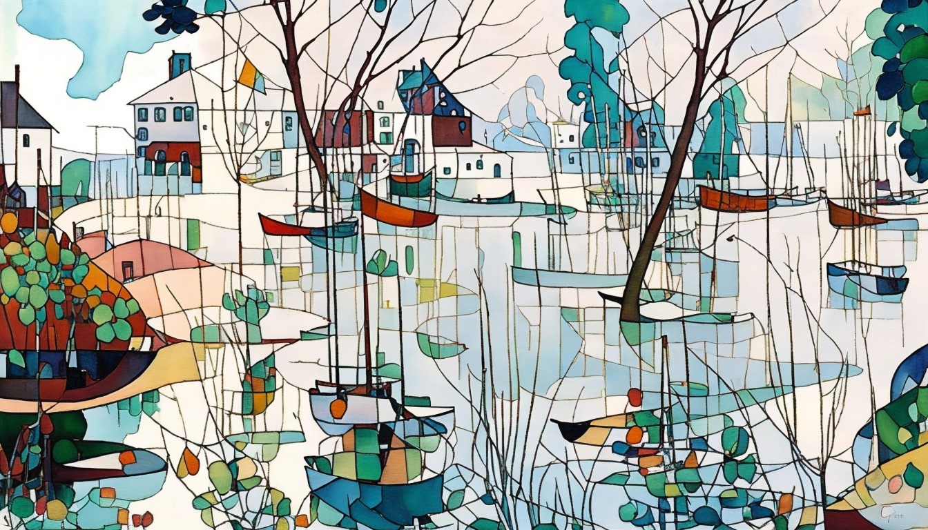 Vibrant Abstract Landscape with Serene Waterfront Scene