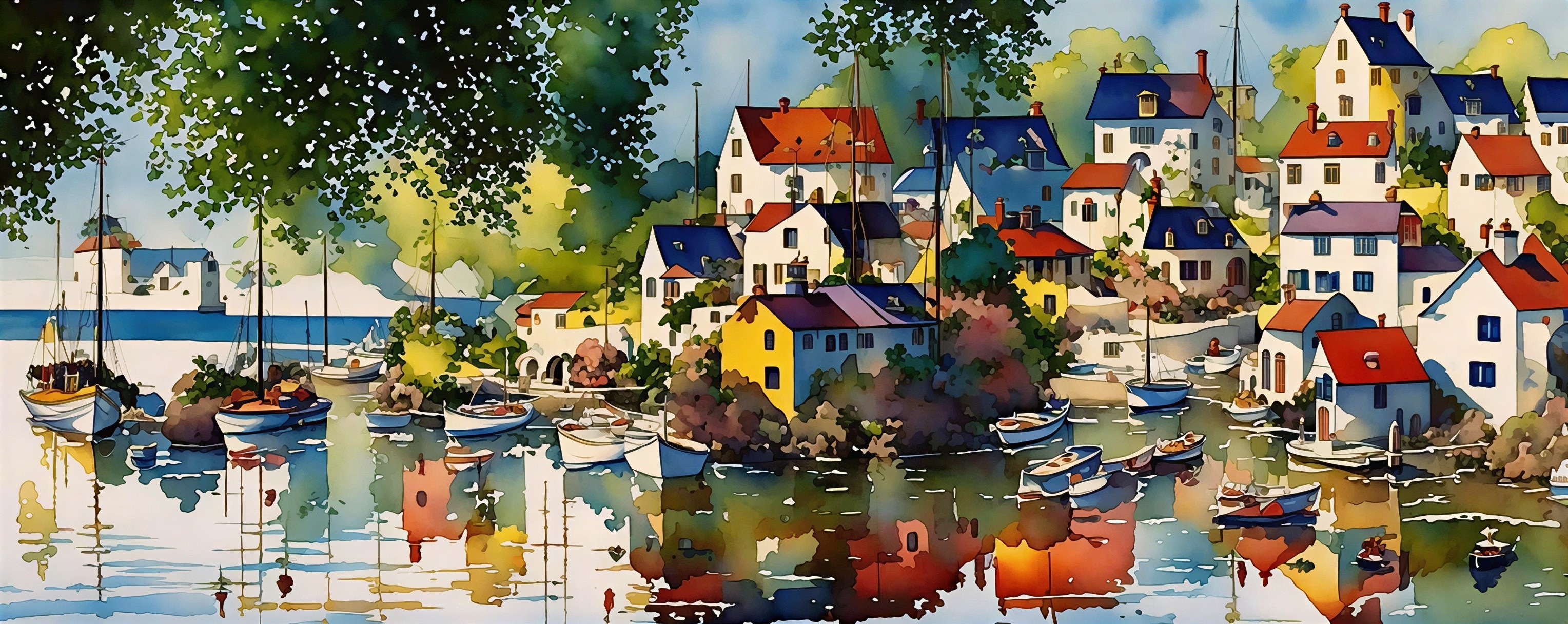 Panoramic Watercolor of Colorful Village by Harbor