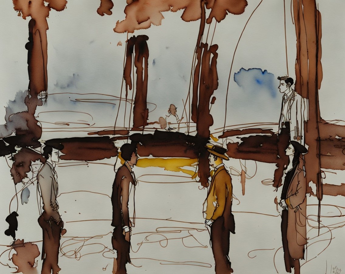 Abstract Watercolor Scene with Vintage Figures Outdoors