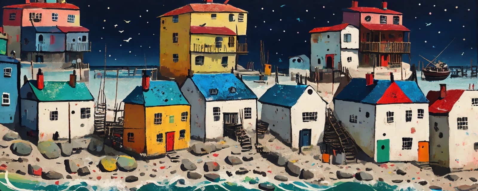 Colorful Seaside Houses Against a Starry Sky