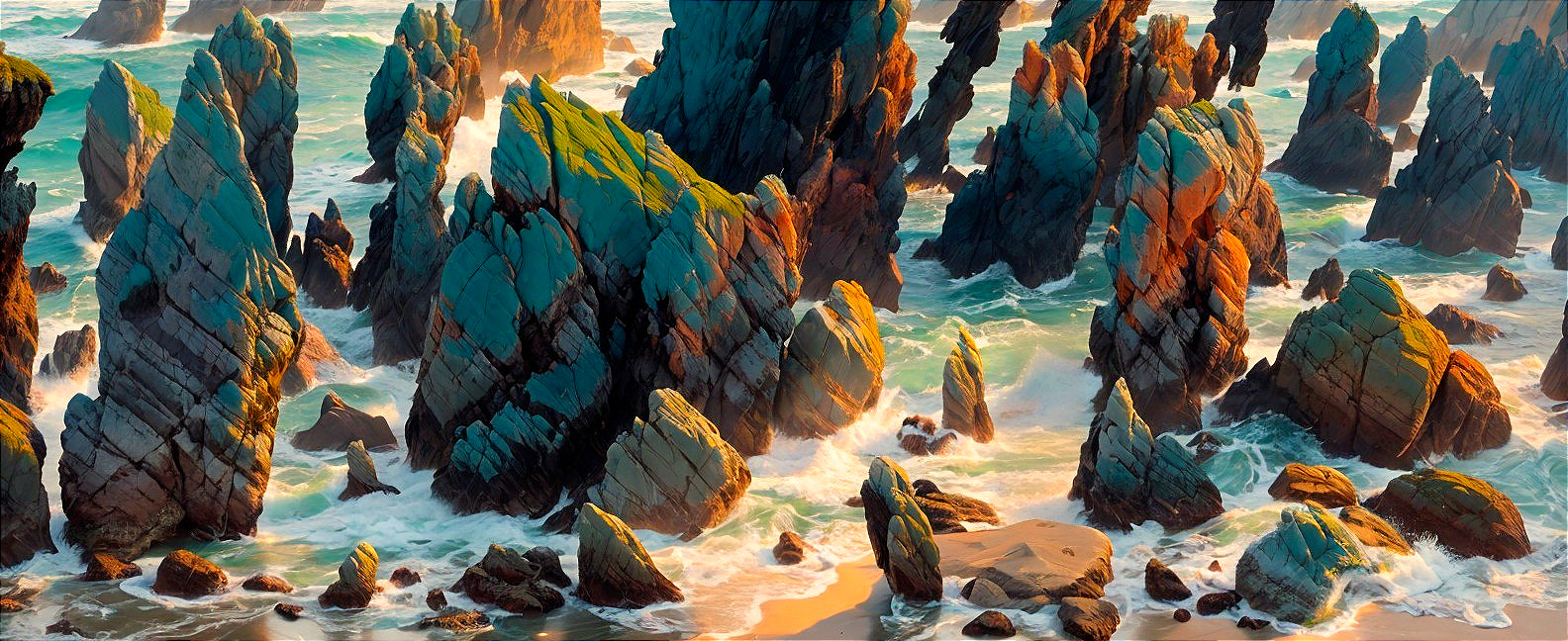 Coastal Landscape with Jagged Rocks and Turquoise Waters
