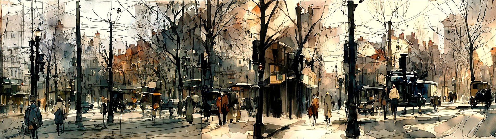 Urban Scene with Pedestrians and Streetcars in Nostalgia
