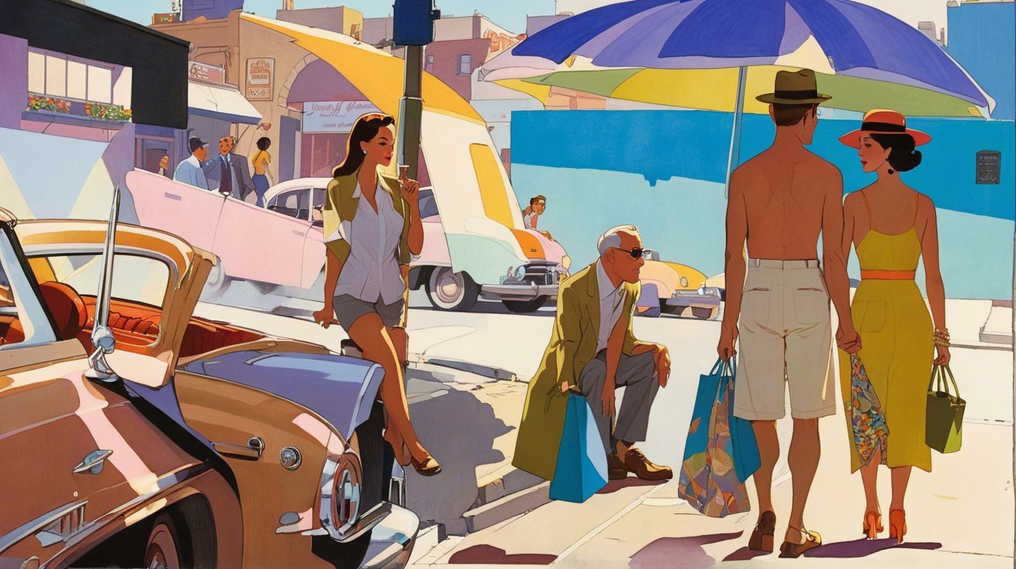 Retro-Futuristic Street Scene in a Town Square