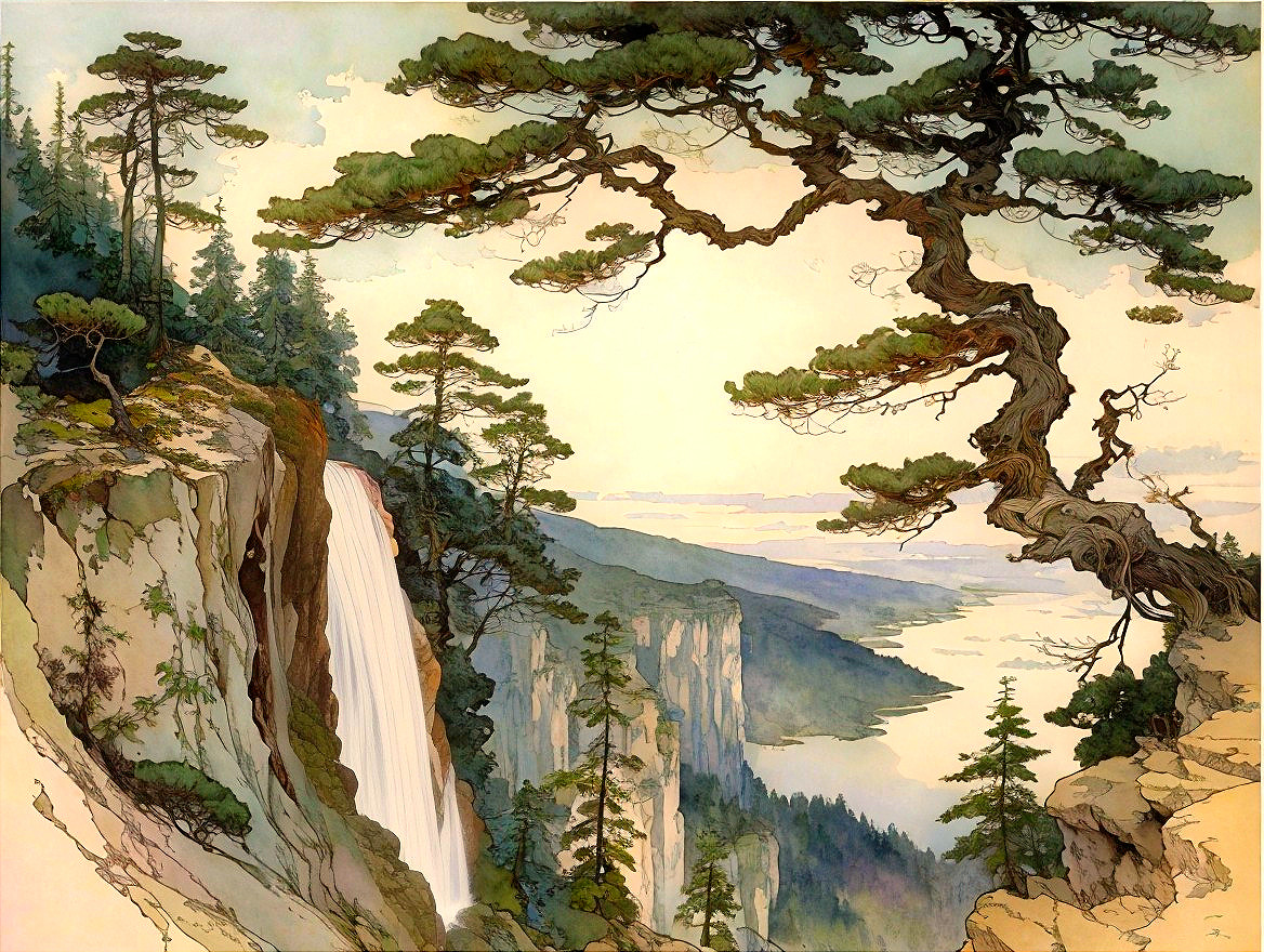 Cascading Waterfall in Serene Pine Tree Landscape
